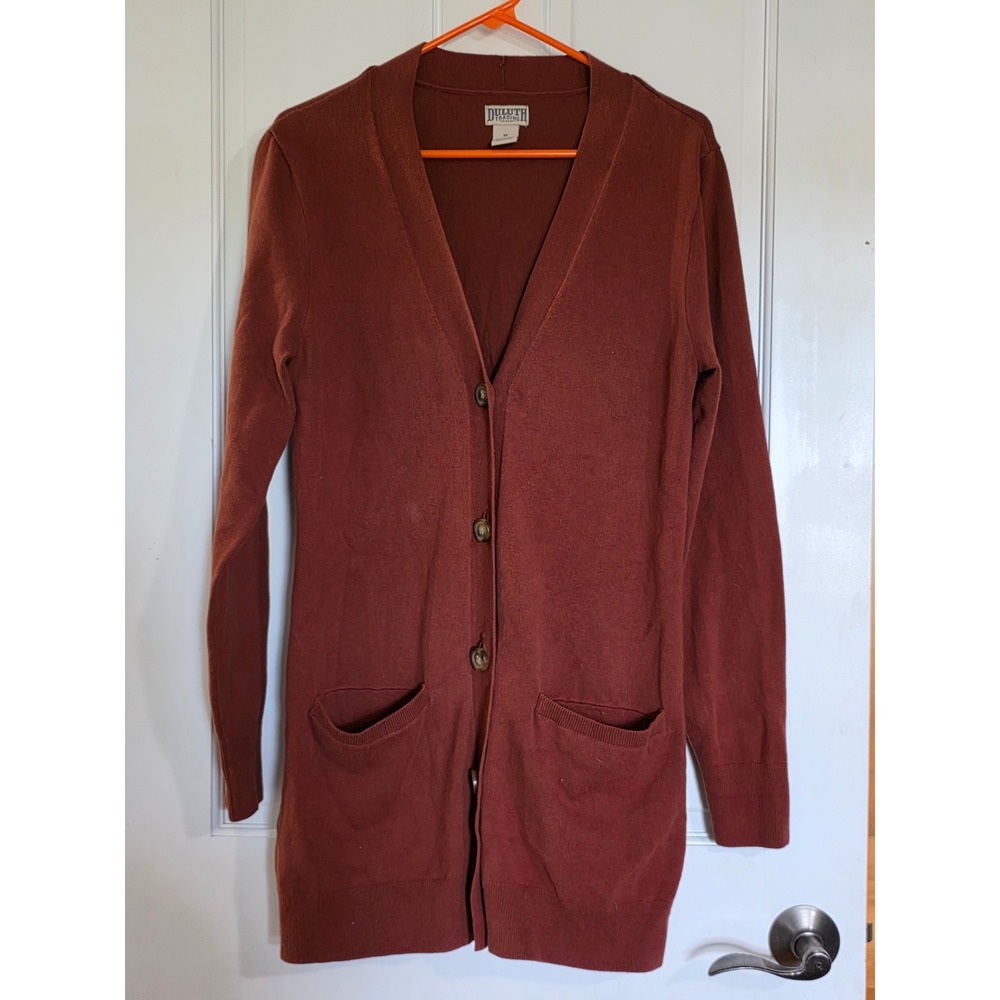 Duluth Trading Co Womens Rust Brown Cotton Blend Longline Button Cardigan M